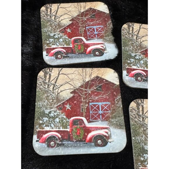 Christmas-Themed Cork Coasters With Red Truck & Barn Design Cork Back Set Of 4 - Picture 3 of 5